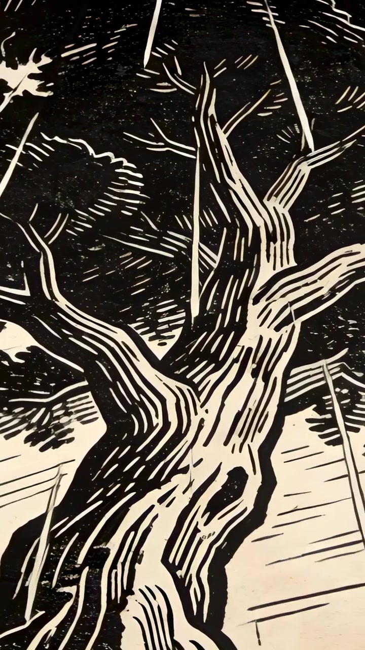 Video verticale: Mostra un tronco d'albero nodoso che si sposta in verticale con l'avanzare dei fotogrammi, mentre la pioggia cade