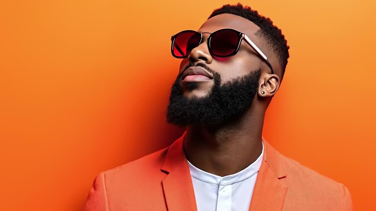 A man with a beard wearing a red suit and sunglasses