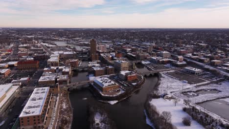 amazing drone shot above stolp island, aurora, illinois on cold winter day