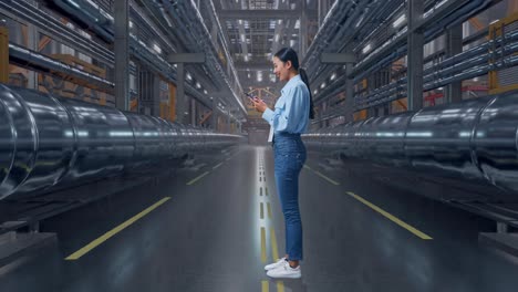 full body side view of an asian female professional worker standing with her phone in a in big warehouse filled with metal pipes, working continuously with her phone