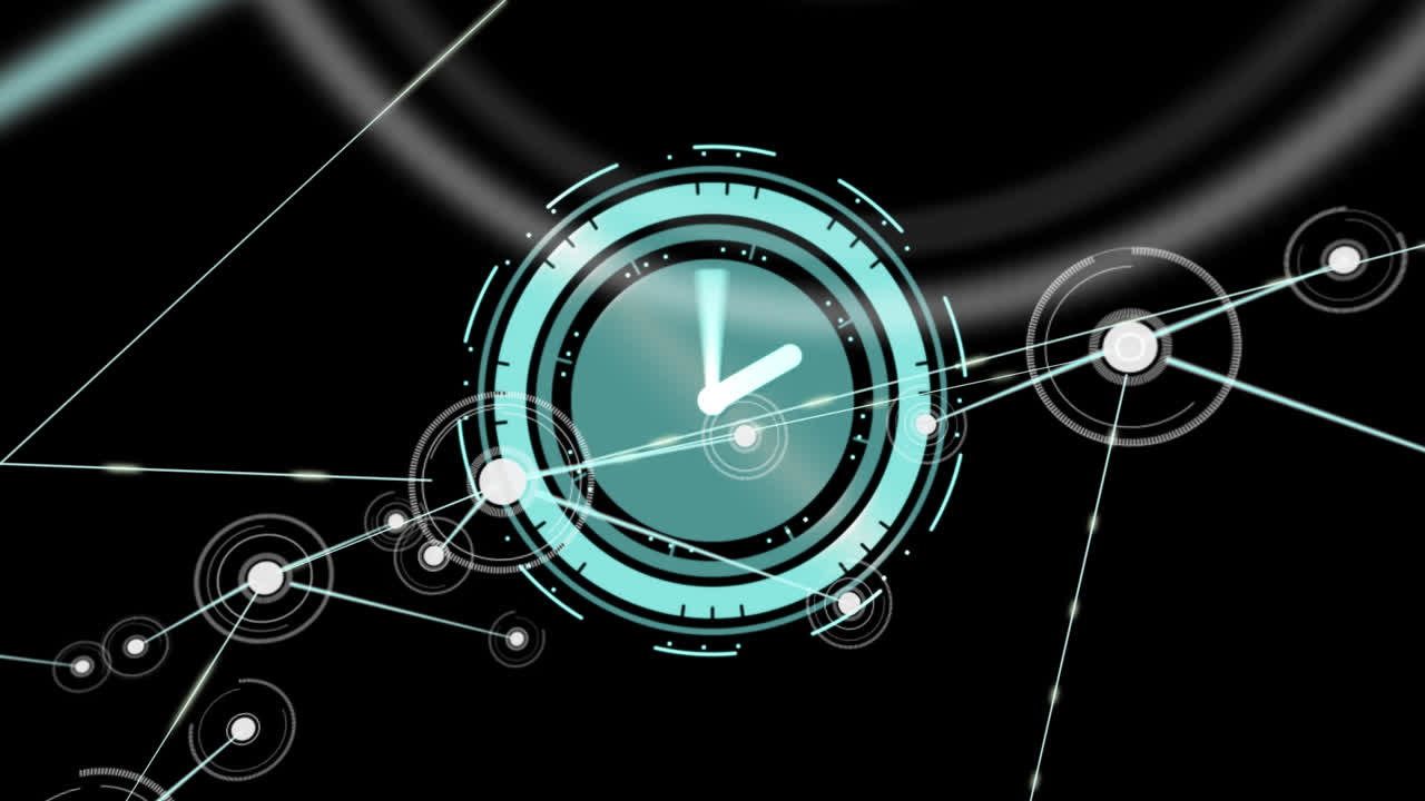 Animazione di orologio con lancette rotanti e rete di connessioni su sfondo nero