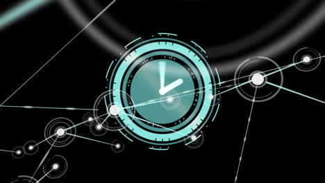 Animation-of-clock-with-rotating-hands-and-network-of-connections-on-black-background