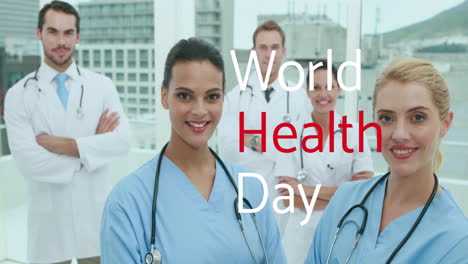 animation of world health day text over smiling diverse team of female and male doctors