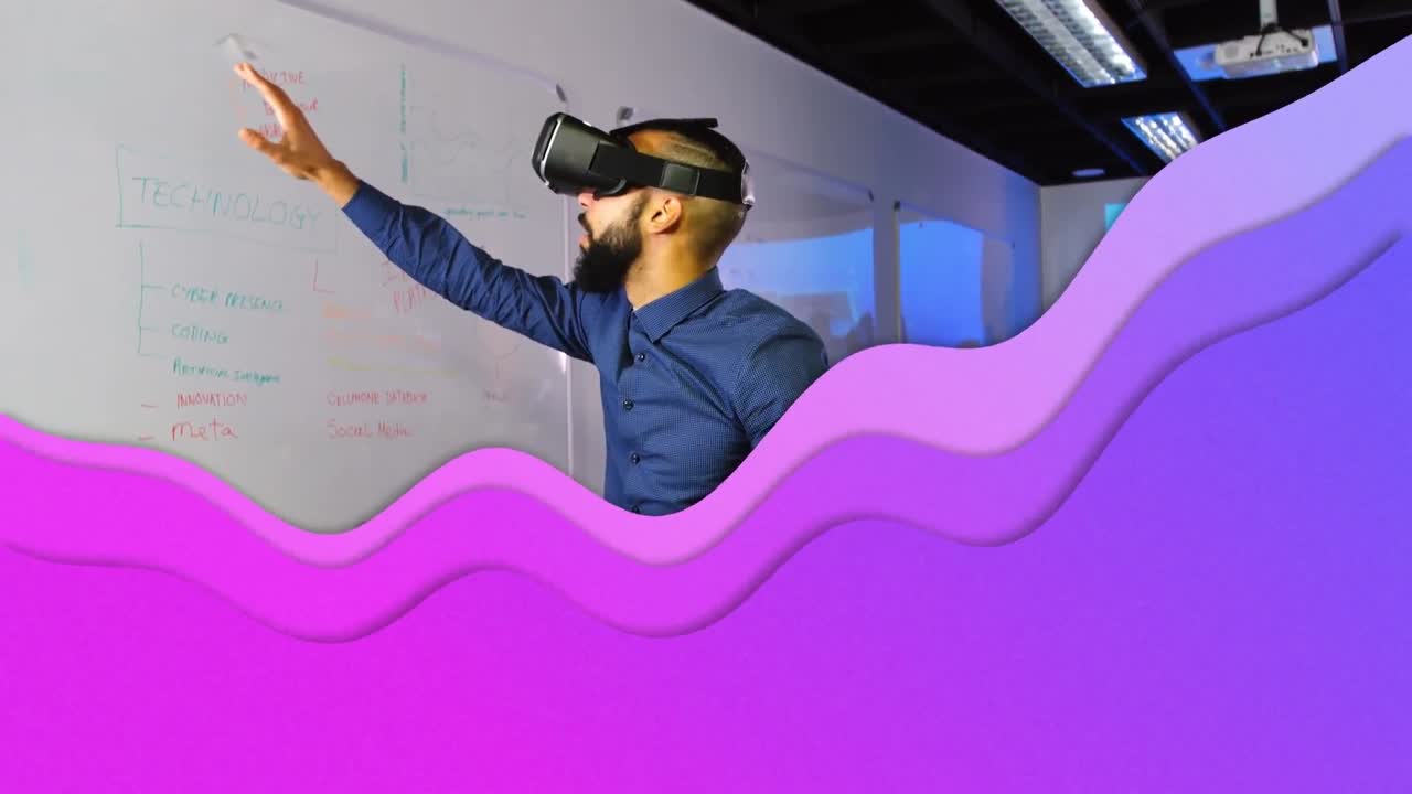 Animation of purple waves over businessman wearing vr headset