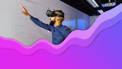 Animation-of-purple-waves-over-businessman-wearing-vr-headset