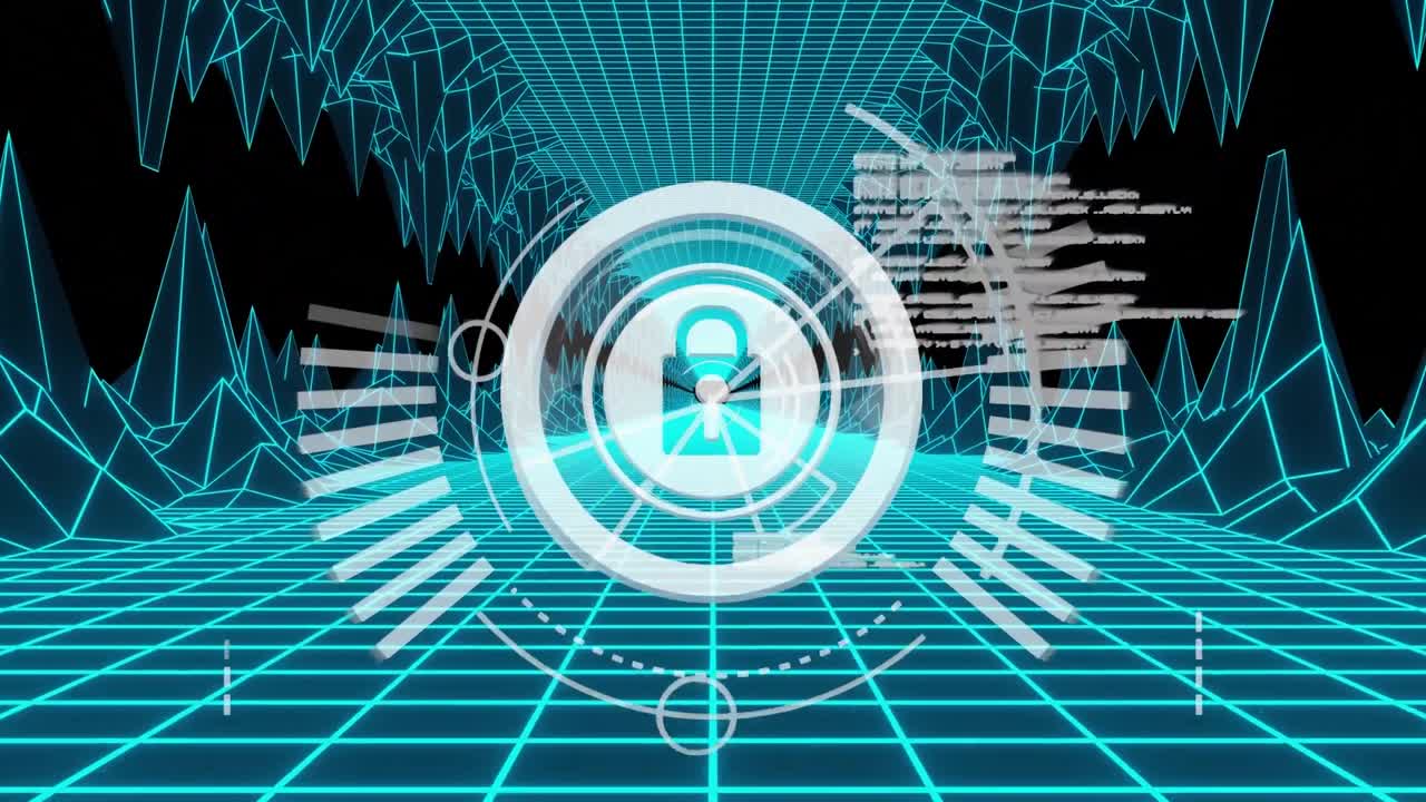 파란색 디지털 터널에서 데이터 처리를 하는 온라인 보안  ⁇ 락의 애니메이션