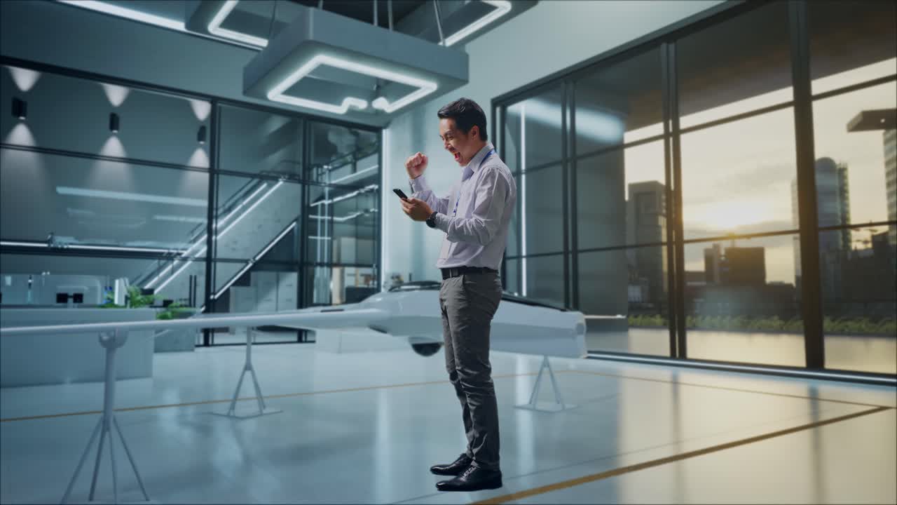 empresario emocionado celebrando el éxito en la oficina de tecnología moderna