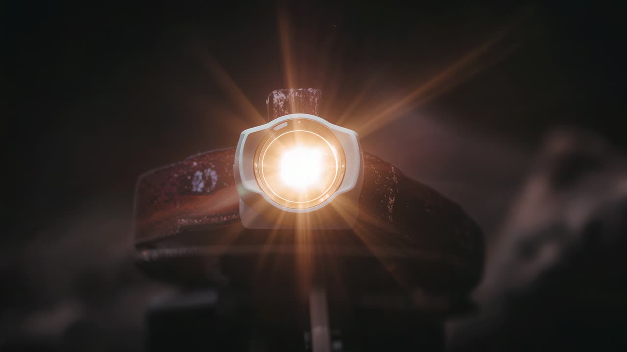 Shining metal lamp head on power casting amber beam at bench showing starburst flare rusted bezel