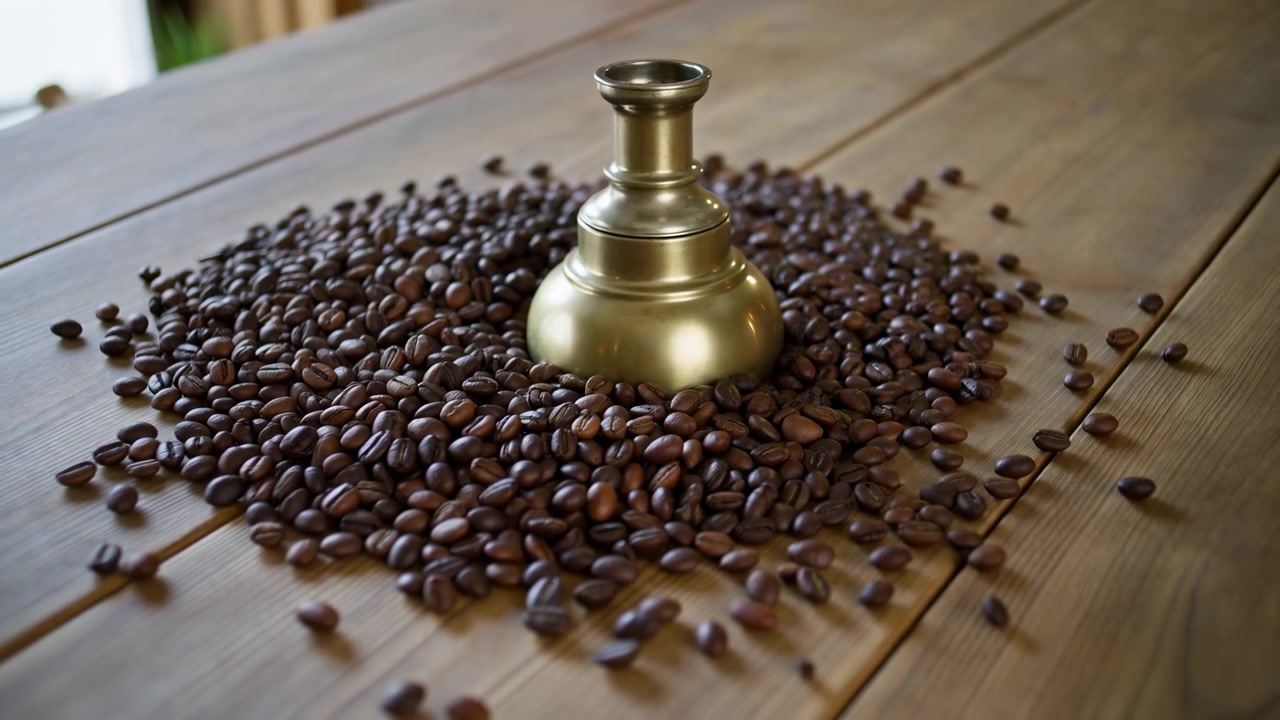 Sebuah wadah kuningan kecil diletakkan di atas biji kopi yang tersebar di meja kayu, diterangi cahaya alami lembut yang menonjolkan nada hangat dan tekstur pedesaan