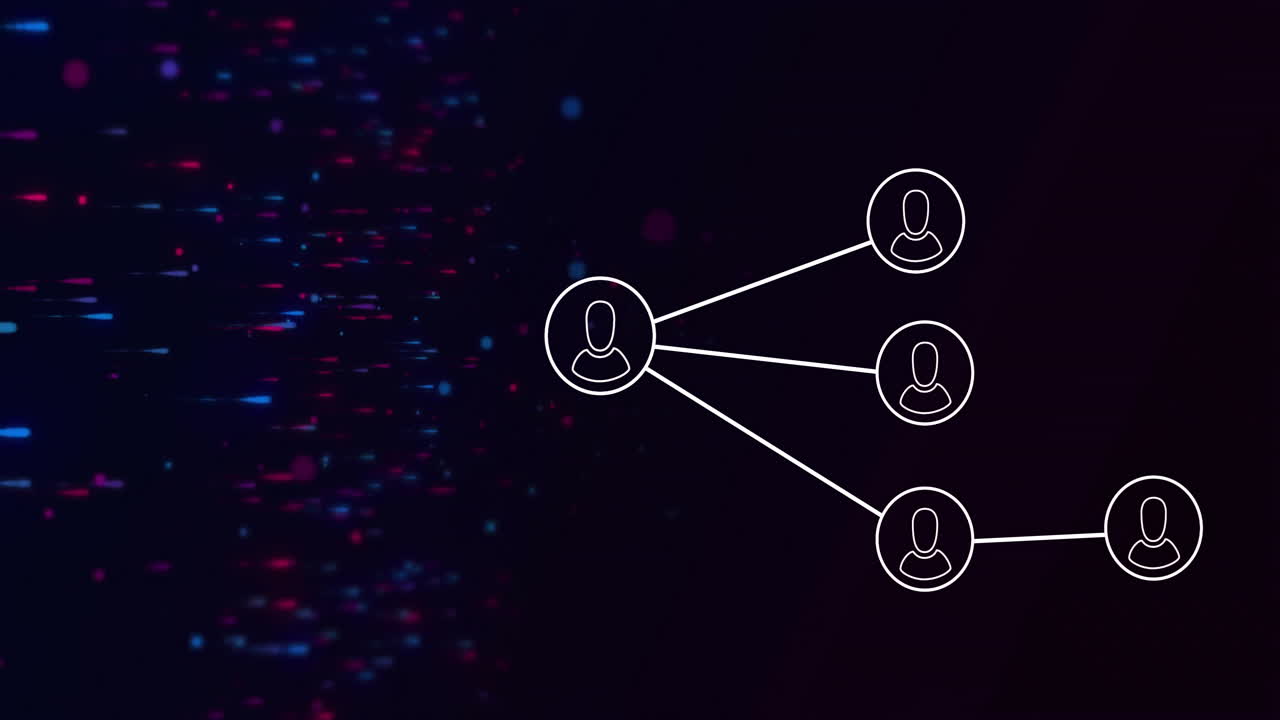 Animation of media icons over red and blue shapes