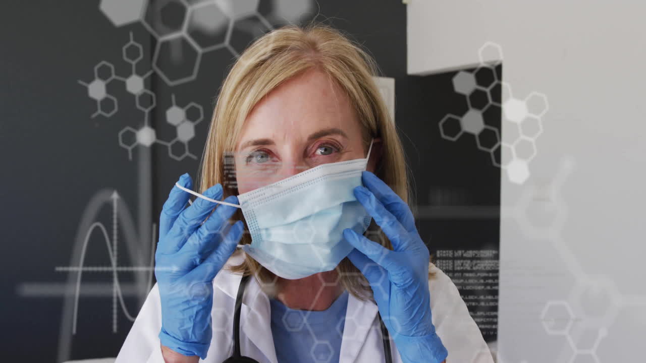 Doctor adjusting surgical mask indoors, featuring animated hexagon structures with health waveform
