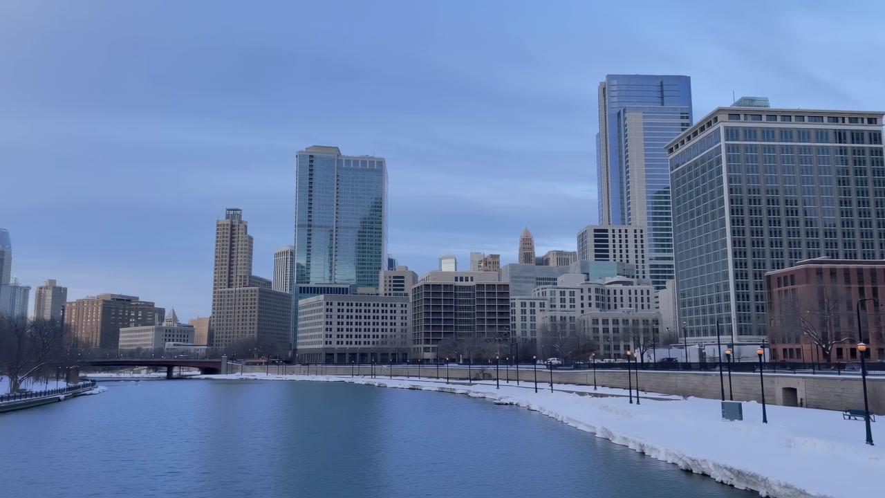 Winter Skyline Riverfront Glass Towers Reflect On Calm Water, Snow Covered Embankment Frames Frozen River,