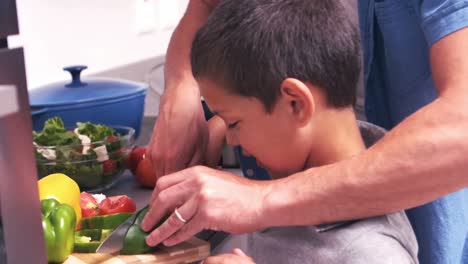 Father-and-son-slicing-vegetables-in-the-kitchen