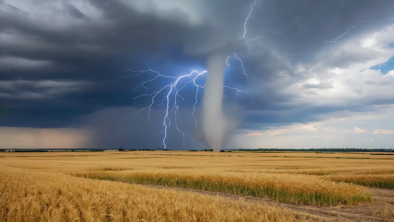 Tornado with Lightning over Wheat Field