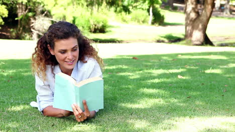 Mujer-Feliz-Tumbada-En-La-Hierba-Leyendo-Un-Libro