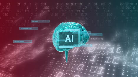 Animation of ai text with brain and data processing over binary coding