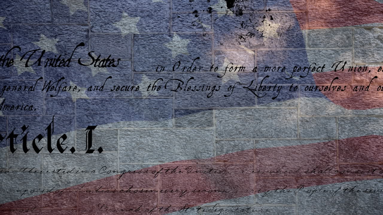 미국 헌법의 애니메이션이 미국  ⁇ 발을 흔들며 스크롤됩니다.