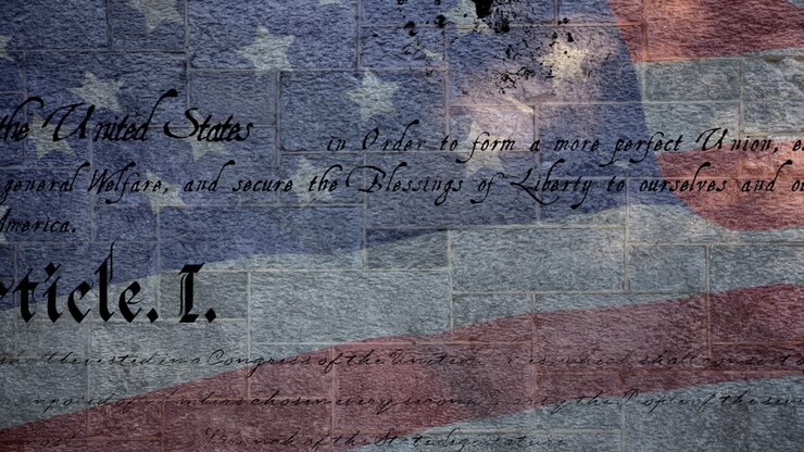 Animation of constitution of america scrolling over waving american flag