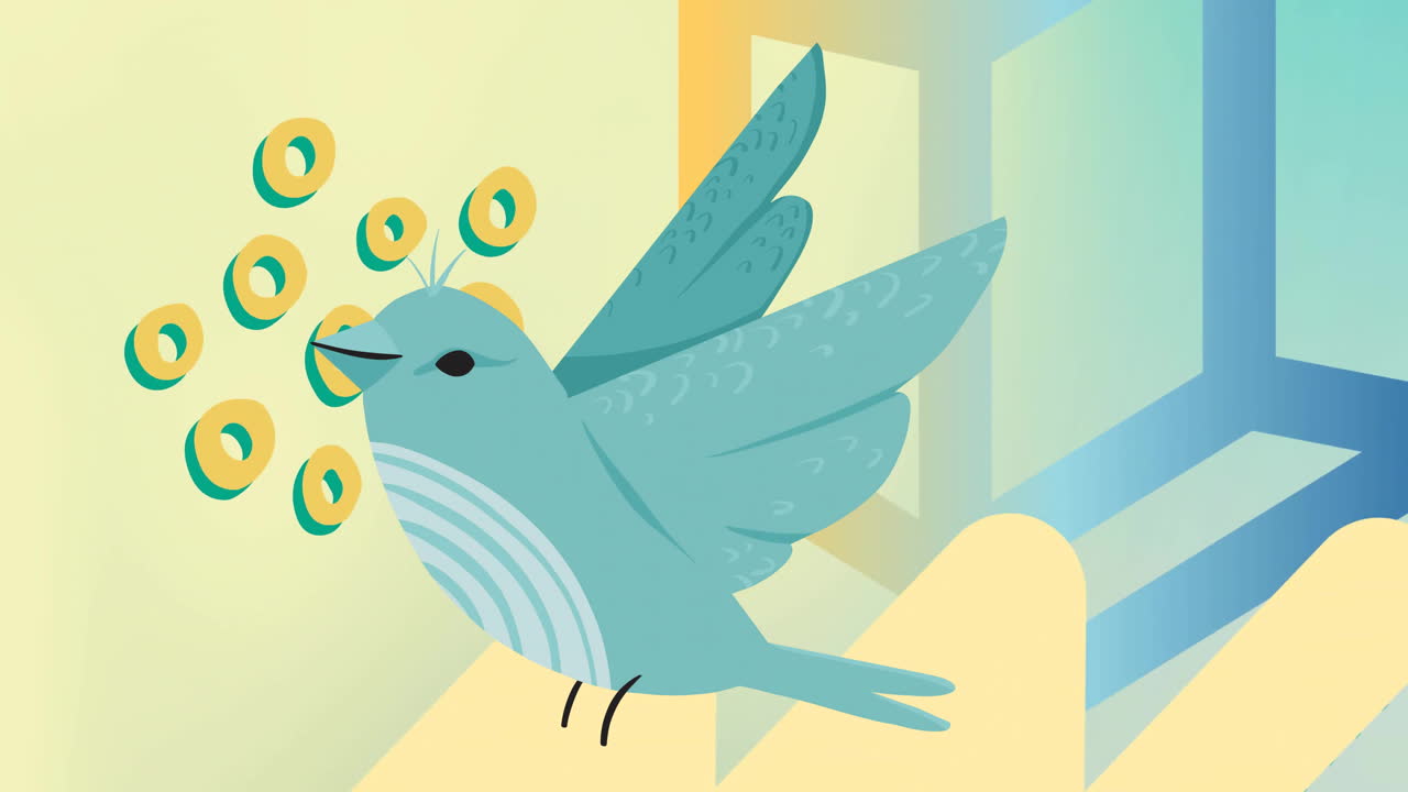 Animation of green bird over colourful shapes on beige background