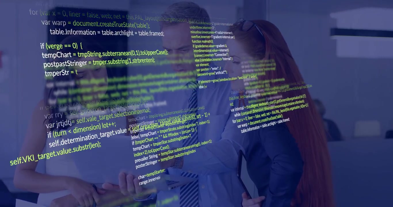 Man holding tablet pointing screen starting code overlay covering team checking docs for IT review