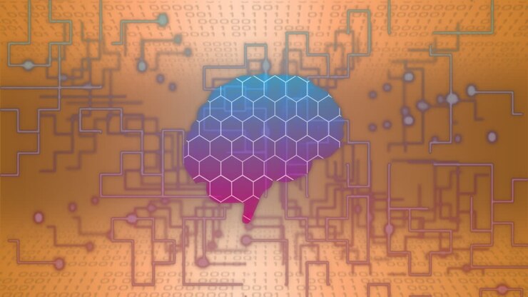 Animation of human brain, connections and data processing over circuit board