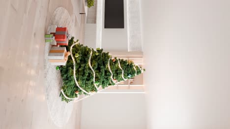 Árbol-De-Navidad-Decorado-Con-Regalos-Envueltos-En-Un-Salón-Moderno.