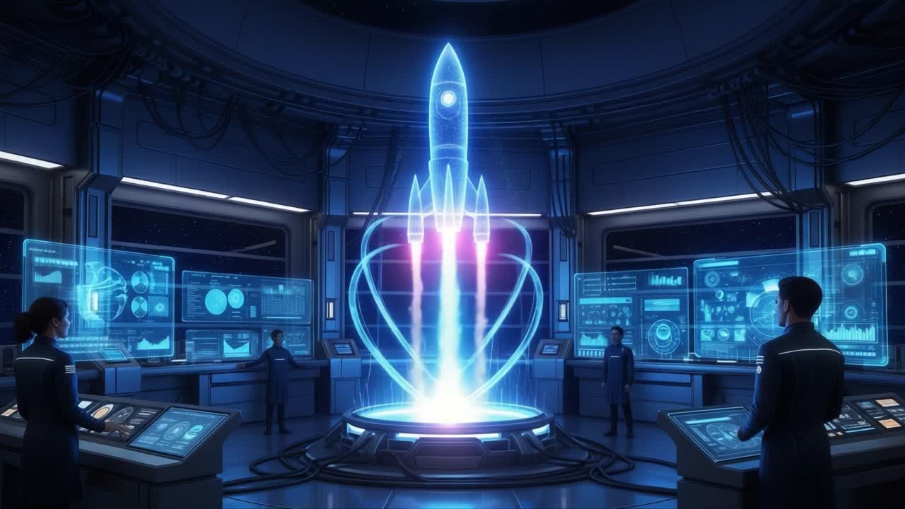 A Futuristic Control Room with a Holographic Rocket Launching into Space, Showcasing Advanced Technology and Scientific Innovation in an Exciting Sci-Fi Setting