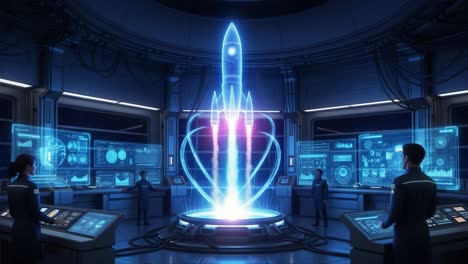 a futuristic control room with a holographic rocket launching into space, showcasing advanced technology and scientific innovation in an exciting sci-fi setting