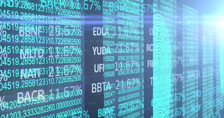 Animation af finansiel databehandling og biometrisk fingeraftryk i baggrunden