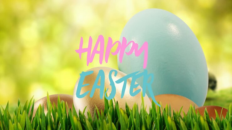 Animation of happy easter text with easter eggs in grass in background