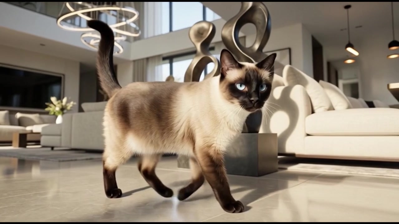 Gatto siamese che cammina attraverso un moderno soggiorno di lusso