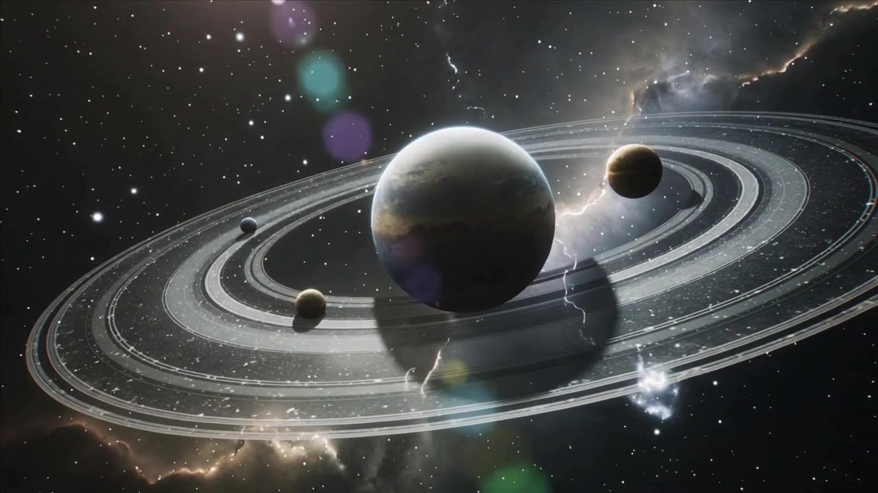 Luce che sorge a destra, un pianeta gigante gassoso anellato, lune alla deriva, un'ombra che si muove sugli anelli, bagliori nella nebulosa.