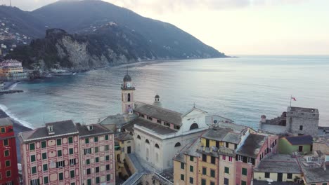 camogli coast, liguria, in italy with clear sea in winter at sunrise and aerial view