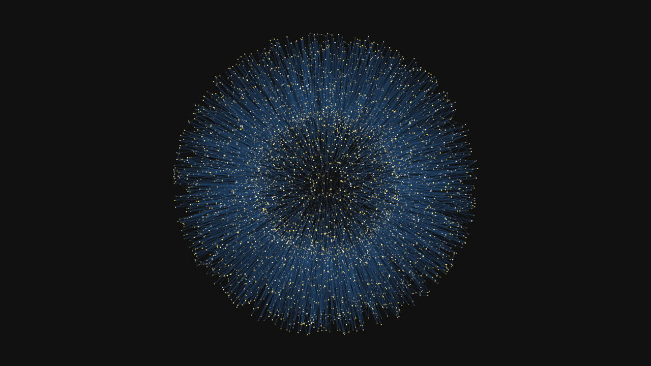 Circular arrangement of blue dots on a black backdrop forms a symmetrical pattern with dense clusters at the center. The dots, seemingly suspended, have no visible connections