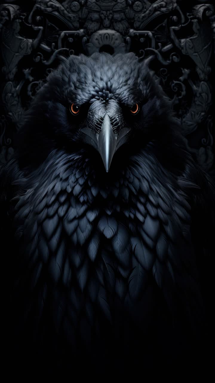 Dramatic close-up of a raven with intense gaze, set against an ornate background