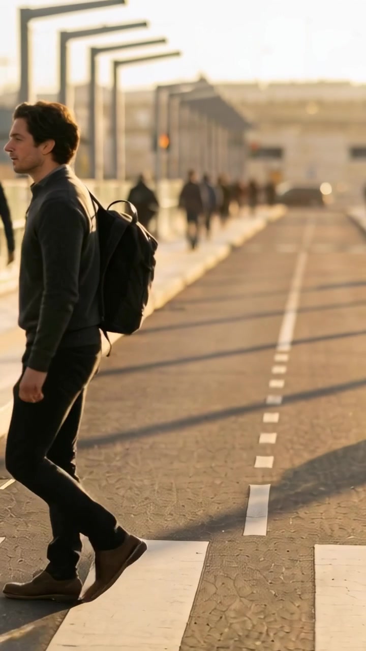 Vertical video: Stepping onto crosswalk, man in coat with black backpack toward station, copy space