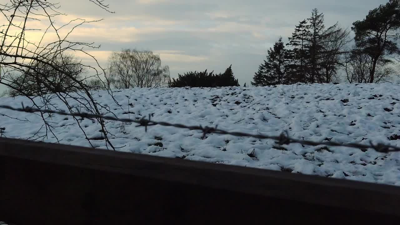 배경 겨울에 눈이 덮여 철조망 울타리