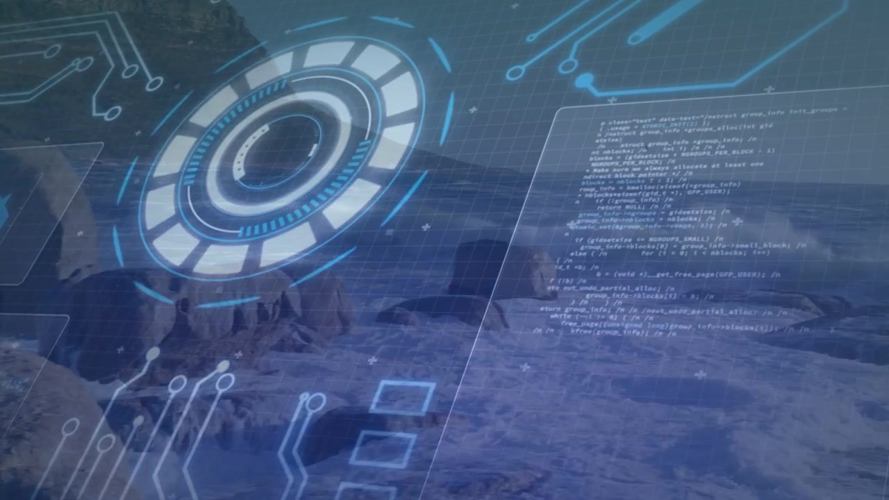 On startup holo HUD appearing above rocks, pulsing, rotating, scrolling code, showing coastal data