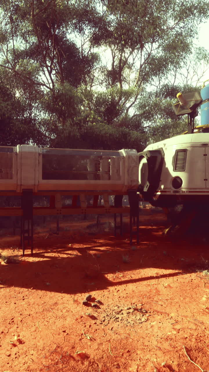 Futuristic habitat structure in a remote landscape under bright sunlight