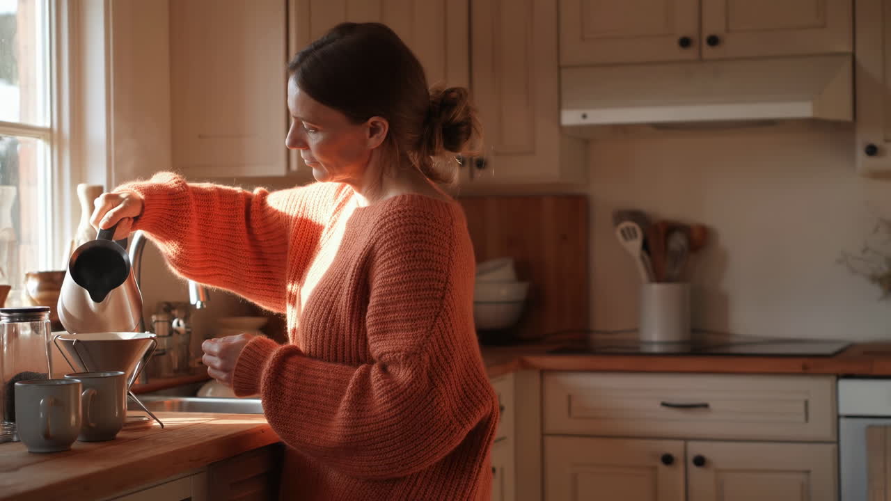 Woman Pouring Hot Water to Make Pour-Over Coffee in Kitchen