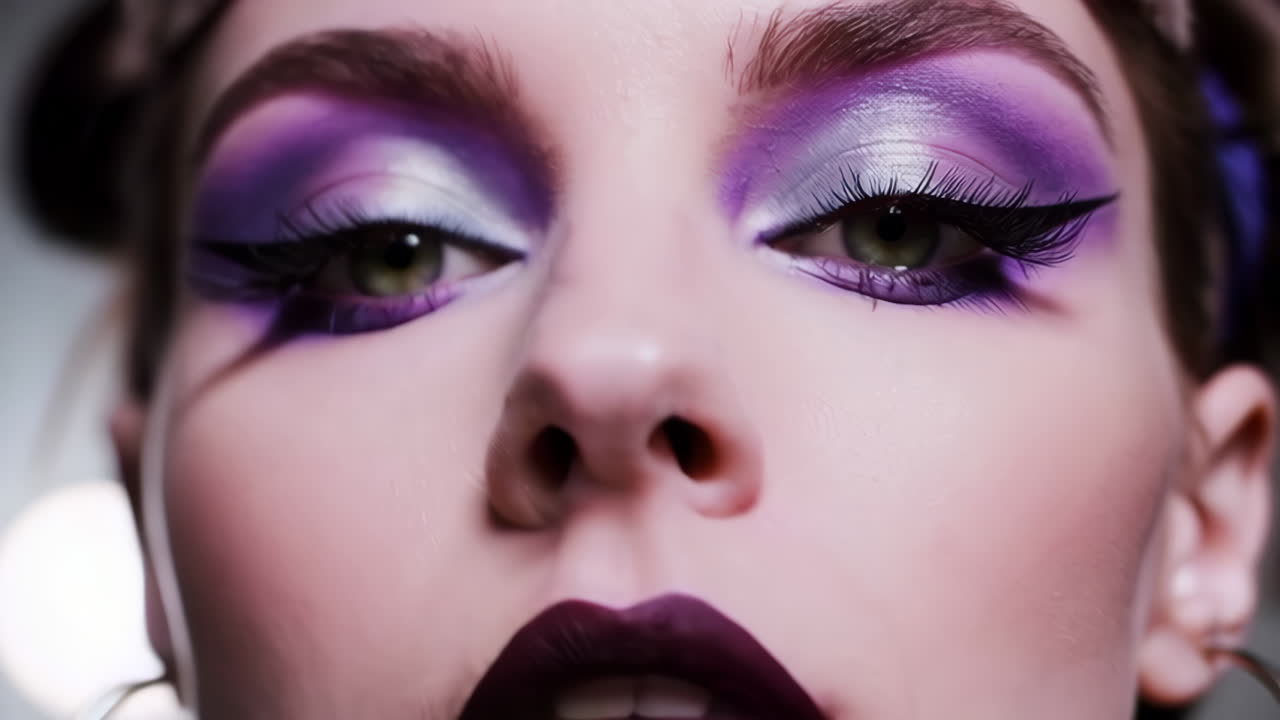 Close-up portrait of a woman with vibrant purple makeup