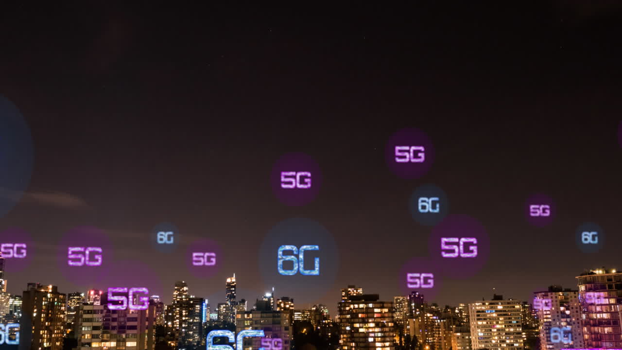 도시 풍경 위의 6g 텍스트의 애니메이션