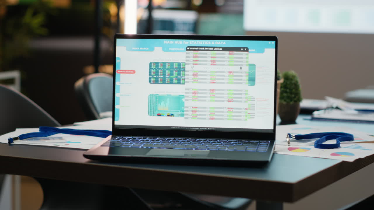 Laptop in a dark office multinational company with business analytics