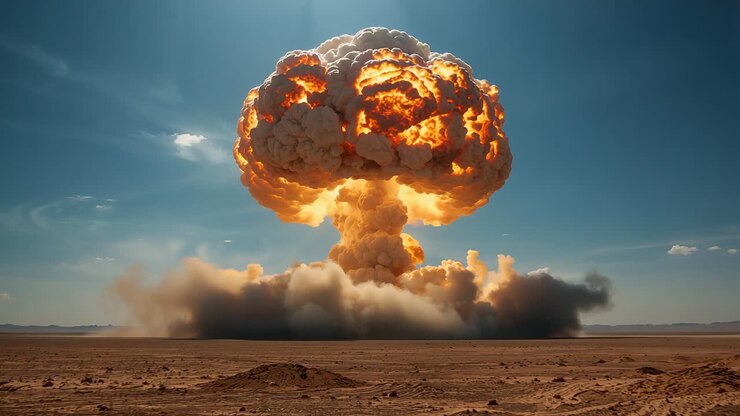 Bursting fireball initiating mushroom cloud for testing over desert ground, billowing smoke
