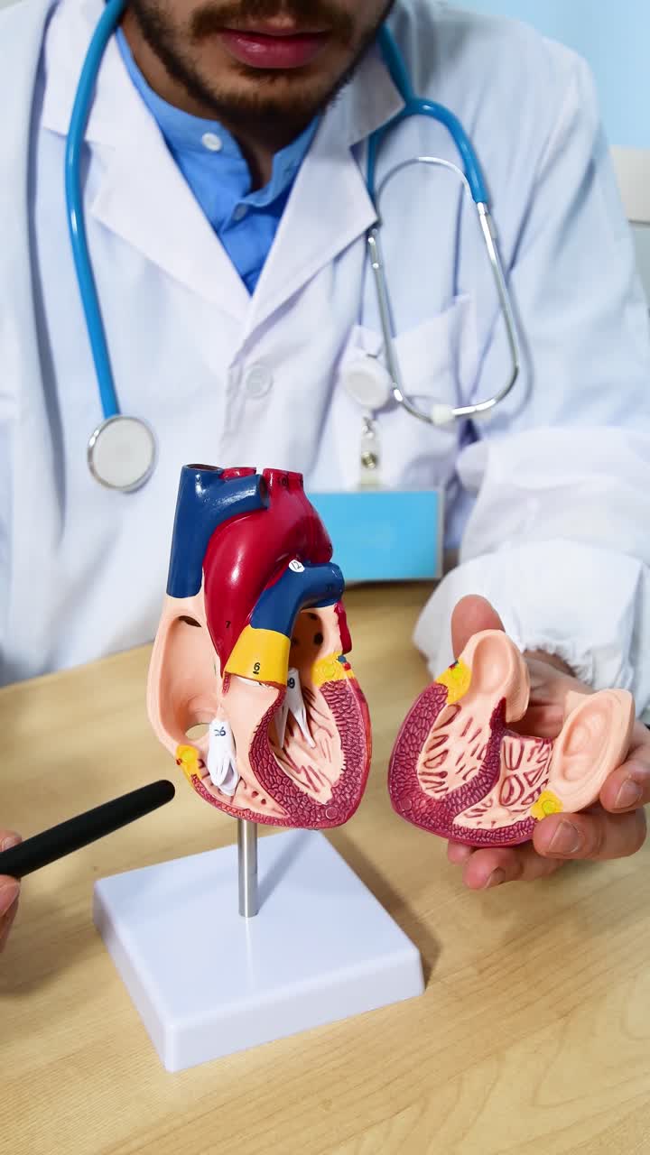 World Heart Day. Cardiologist wearing a medical coat showing a heart anatomical model and heart physiology