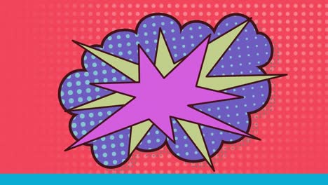 animation of two pink and yellow stars on a purple cartoon bubble on a red background