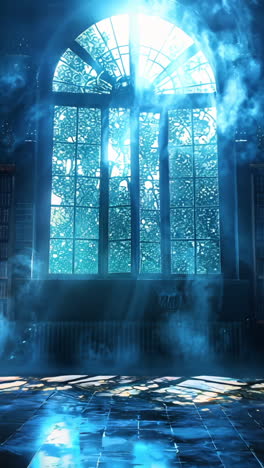 a room with a window and a blue fog. the room is empty and the fog is coming from the window
