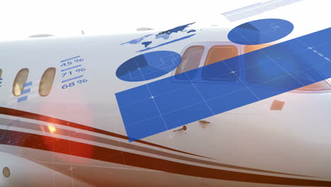 animation of airplane exterior with blue data graphics overlaying global map