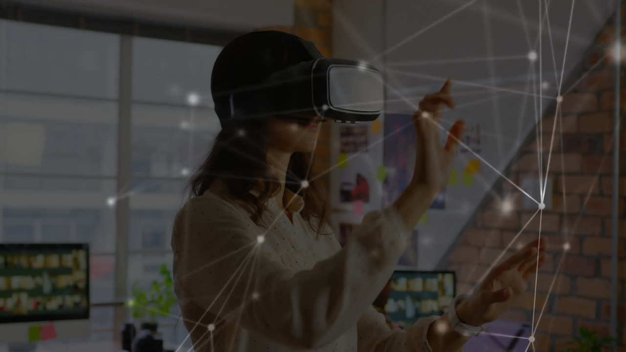 Woman wearing VR headset interacting with virtual network in office, with floating glowing nodes