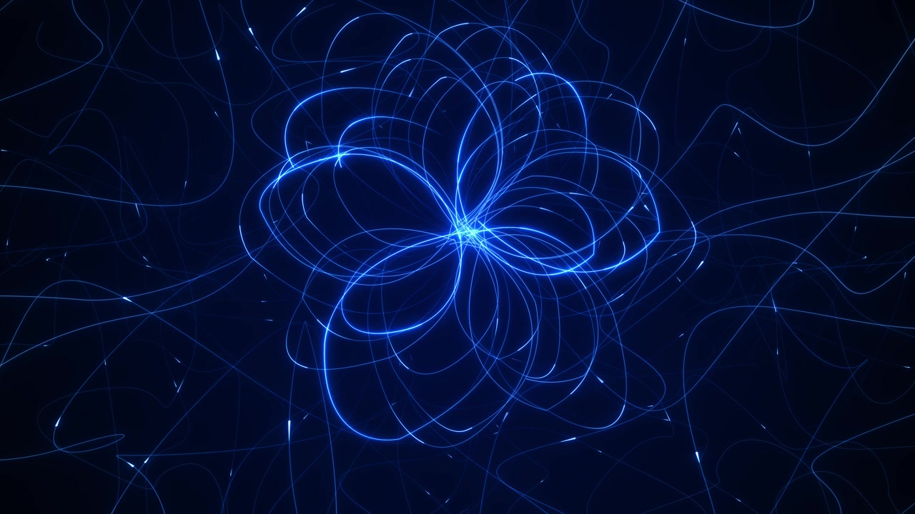Blue atom orbit background with glowing looped lines particle trails and dark science space perfect